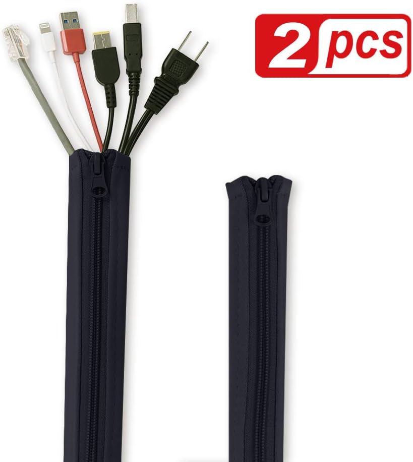 Flexible Cable Management Sleeve with Zipper - Extendable Cord Organizer System Wrap Wire Cable Cover Sleeve Holder, Keep Home & Office Clean Safe Protector for TV/Media, Beige, 39 Inches, 2 Pcs