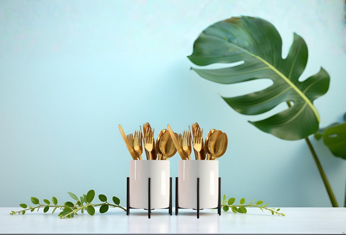 Gold Pencil Cup Sturdy Metal Frame With White Ceramic Pen Holder For Desks and kitchen Appliance Holders