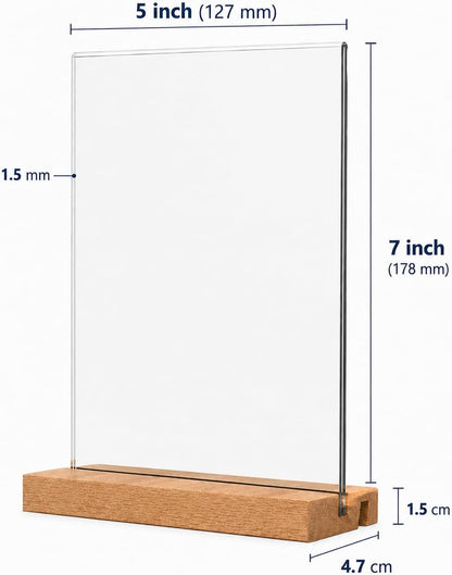 4x6 Acrylic Sign Holder with Beech Wood Base, 12 Pack Clear Double-Sided Tabletop Sign Display Stand, Dual-Use L/T Base for Menu, Wedding Table Number, Photo, Flyer and Retail Display (12, 4x6)