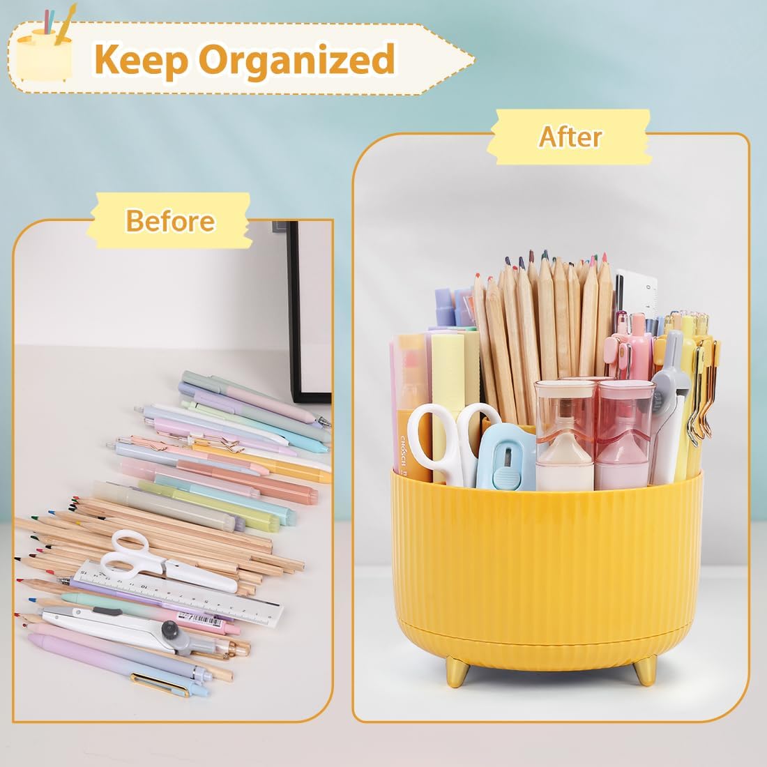 SKYDUE 360 Rotating Plastic Desk Pen Organizer with 5 Slots, Dual-Purpose Art Supply Pencil Cup for Office, School, Home