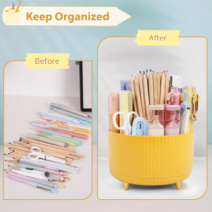 SKYDUE 360 Rotating Plastic Desk Pen Organizer with 5 Slots, Dual-Purpose Art Supply Pencil Cup for Office, School, Home
