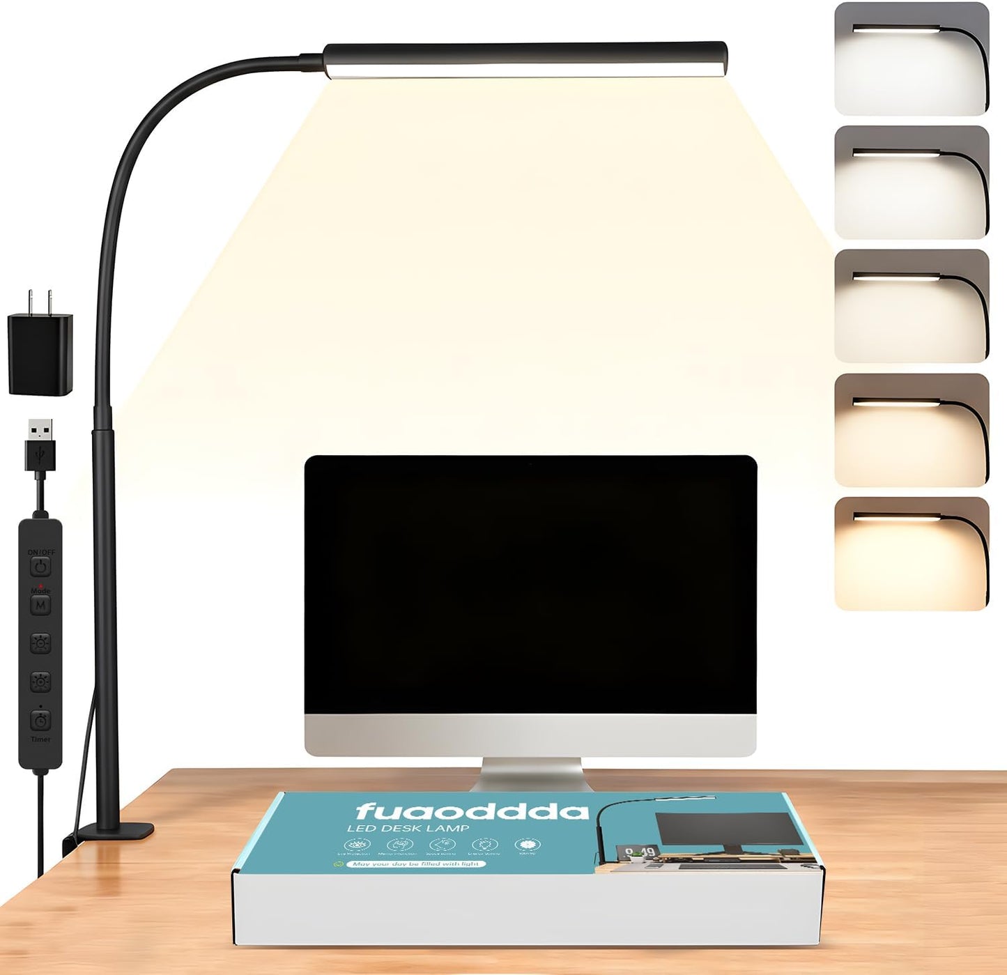 LED Desk Lamp with Clamp, Eye-Protection Clip on Desk Lamp, 5 Modes 10 Brightness Adjustment, 360°Flexible Gooseneck Lamp for Home Office ，Lights with USB Adapter (Black, Mini)