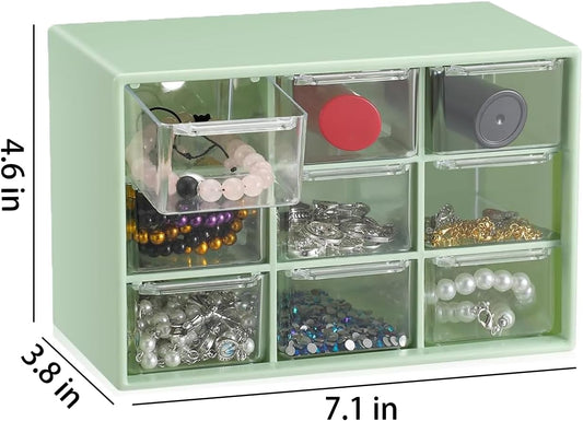 Small Drawer Organizer for Desk, 7.1" x 3. 8" x 4.6" Mini Desktop Drawer Organizer with 9 Clear Drawers, Plastic Desktop Craft Storage Box for Desk Office School Home (White)