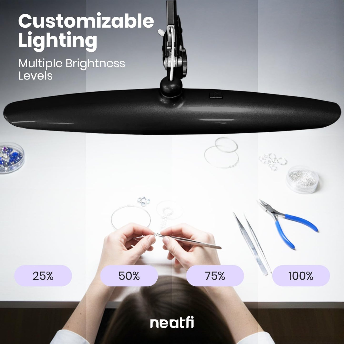 Neatfi XL 2200 Lumens 24W LED Desk Lamp – Shadow-Free Task Lighting | 4-Level Dimming | Home Office & Crafts Use | 20-Inch Wide Head (White, Non-CCT with Clamp)