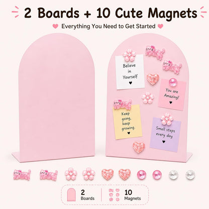 Pink Magnetic Board for Desk, 2 Pack 11×8 Inch Arch Metal Magnet Board with Stand, Memo & Photo Display, 10 Magnets Included, Desk Decor for Girls, Office & Dorm