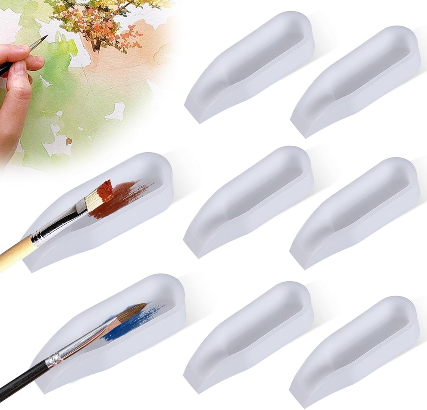 8-Pack White Paint Rest Holder, Silicone Brush Holder with Mixing Tray, Non-Slip Groove Design for Paint Brushes, Artist Watercolor Brush Organizer