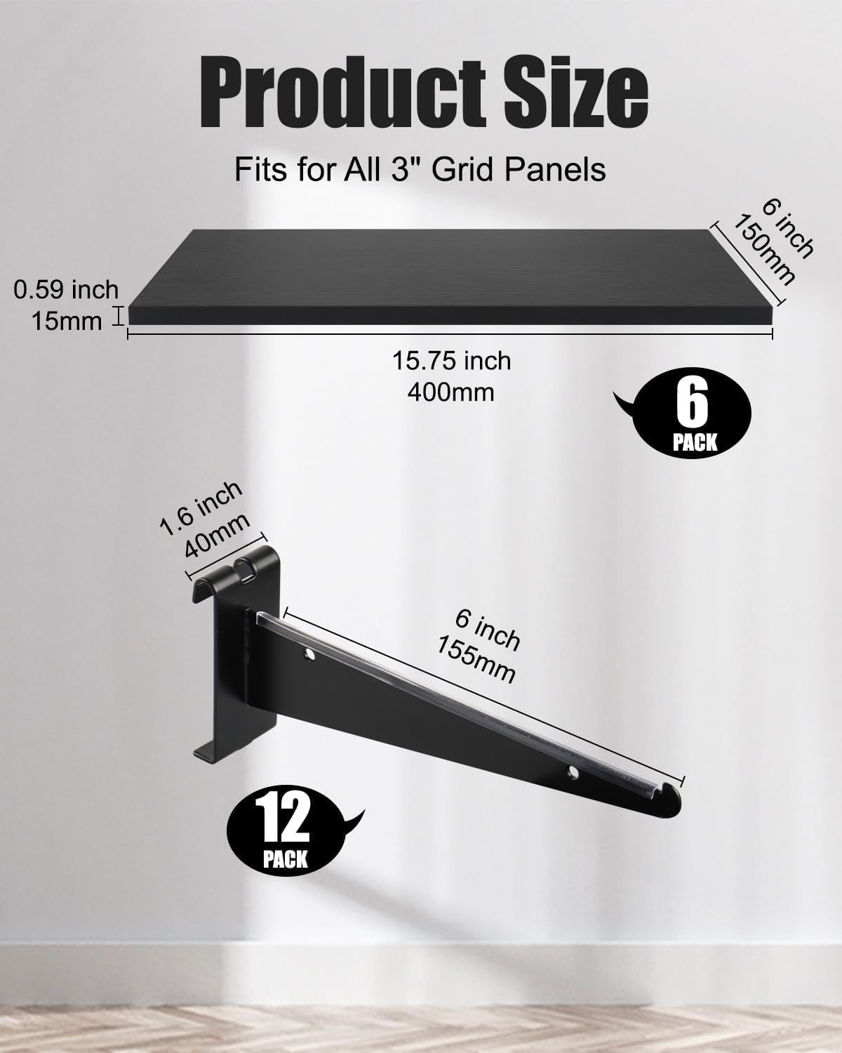 6 Pack Gridwall Shelf with Metal Brackets, 16"x 8" Wooden Gridwall Shelves Heavy Duty Gridwall Shelving Organizer Accessories for Garage, Visualizer, Workbench and Bitchenette (16x8x0.6)
