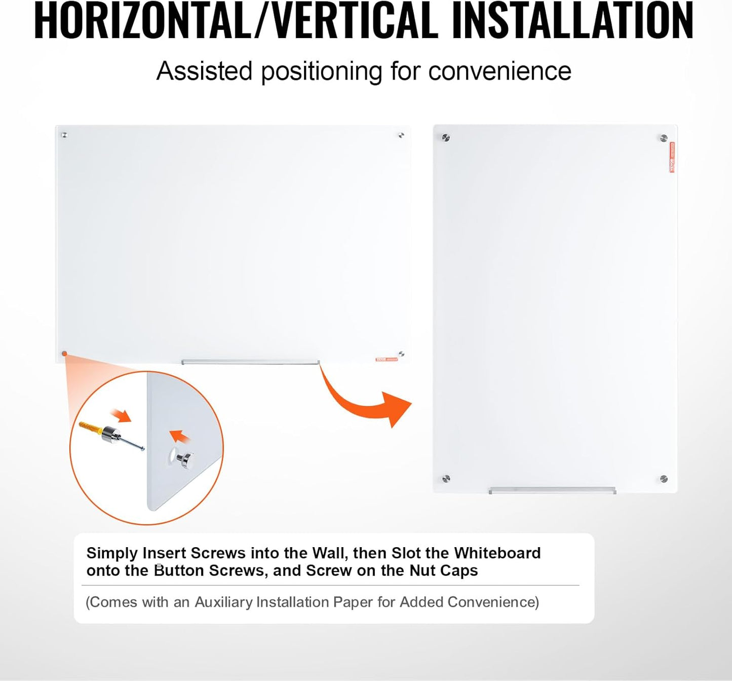 VEVOR Magnetic Glass Whiteboard, Dry Erase Board 36"x24", Wall-Mounted Large White Glassboard Frameless, with Marker Tray, an Eraser and 2 Markers, Black