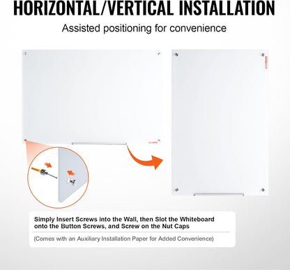 VEVOR Magnetic Glass Whiteboard, Dry Erase Board 36"x24", Wall-Mounted Large White Glassboard Frameless, with Marker Tray, an Eraser and 2 Markers, Black