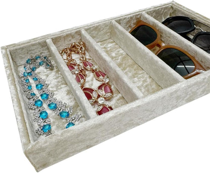 AgentMoon 5-Compartment Velvet Sunglasses & Jewelry Organizer Tray – Adjustable Dividers, Sturdy Wood, Non-Slip Storage for Watches, Glasses, Bracelets, Desk or Drawer.(Tabby Red)