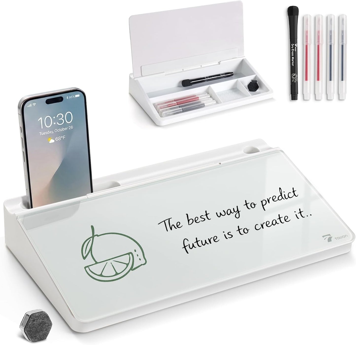 TOWON Small Compact Glass Desktop Whiteboard with Storage – 12 x 7 in Dry Erase Board for Desk, Home Office, School | Includes 5 Markers, Eraser & Holder | Space-Saving Organizer, Aesthetic Rose Gold