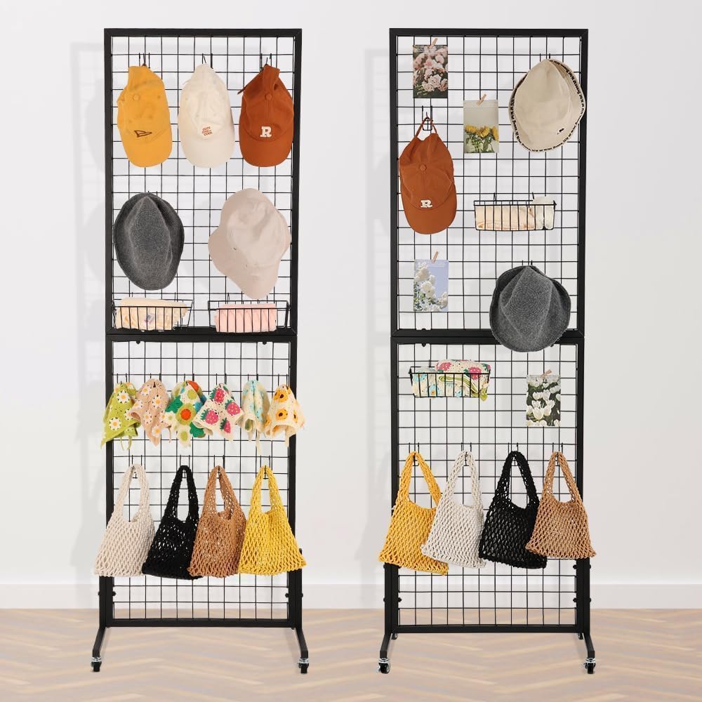 3 Packs 1.8' x 5.7' Grid Wall Panels Standing Wire Grid, Display Rack with T-Base Wheels Freestanding Gridwall Panel Tower for Shows, Black