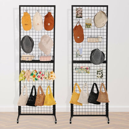 3 Packs 1.8' x 5.7' Grid Wall Panels Standing Wire Grid, Display Rack with T-Base Wheels Freestanding Gridwall Panel Tower for Shows, Black