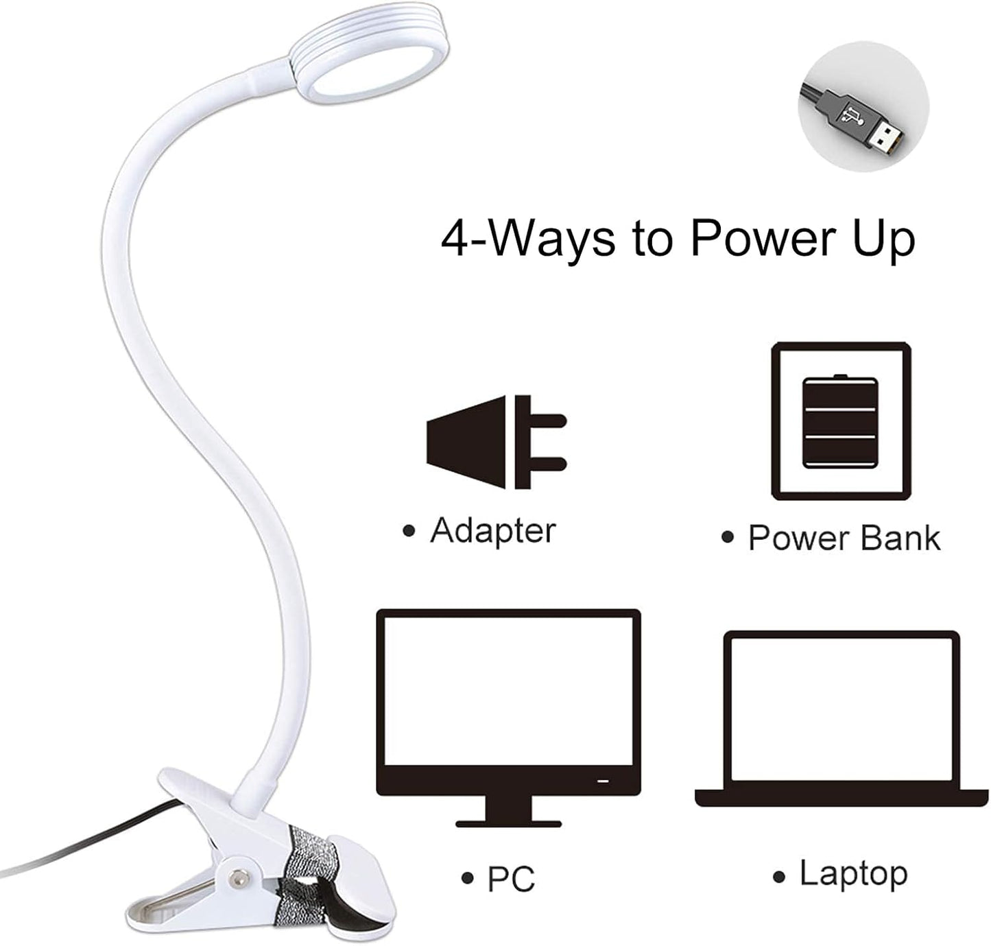 LEPOWER Clip on Light/Reading Lights/Book Light/Desk Lamp Color Changeable/Night Lights Clip on for Desk, Bed Headboard and Computers, Adapter Included (Black) Metal
