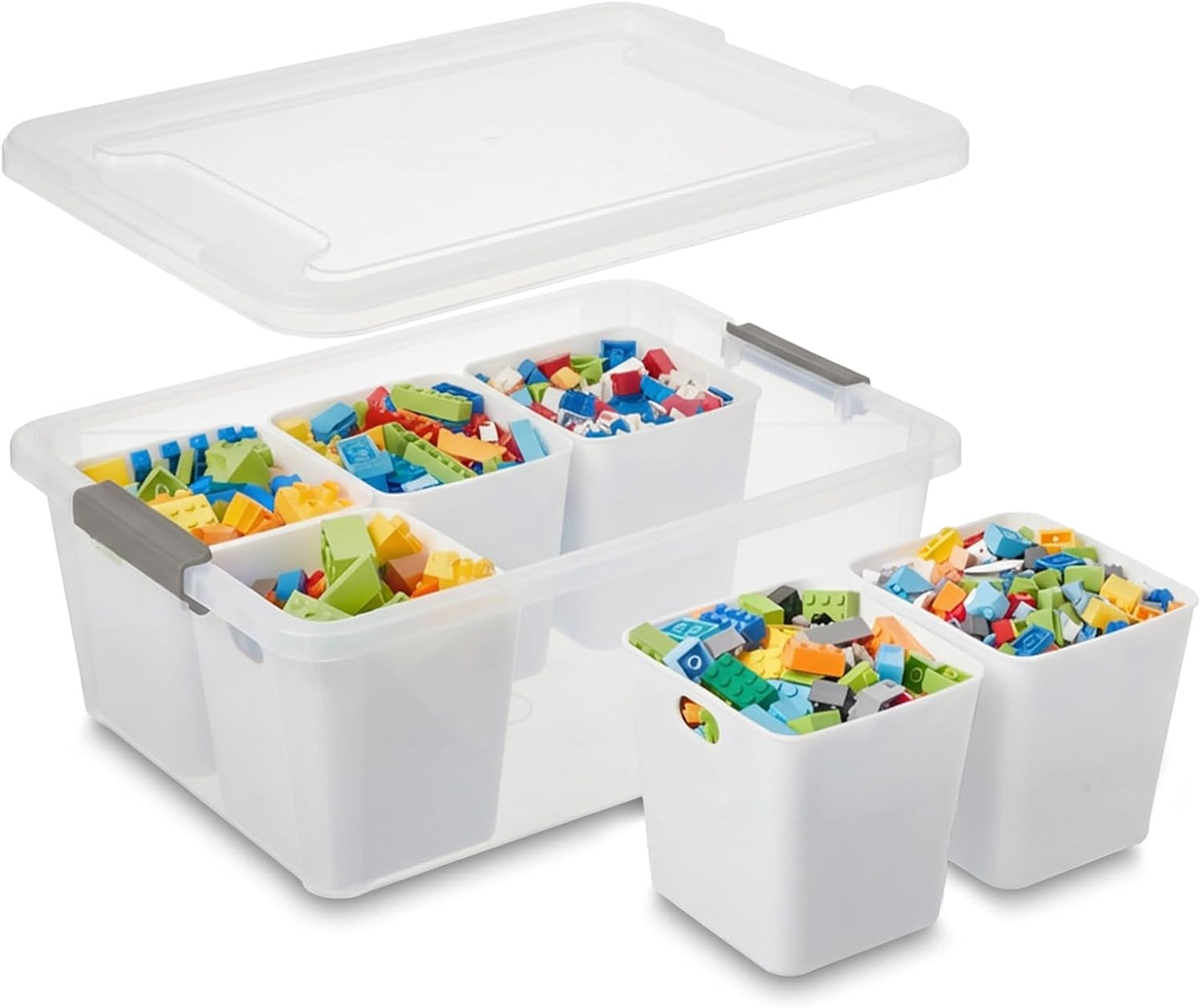 MACOPRO 17QT Craft Storage Box with 2 Removable Caddy Trays, Clear Stackable Plastic Organizer with Lid for Art Supplies, Beads, Sewing Tools, Pens & Kids Toys (White, 1Pack-2-in-1)