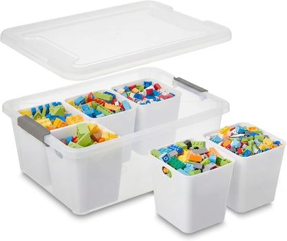 MACOPRO 17QT Craft Storage Box with 2 Removable Caddy Trays, Clear Stackable Plastic Organizer with Lid for Art Supplies, Beads, Sewing Tools, Pens & Kids Toys (White, 1Pack-2-in-1)