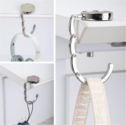 4 Pcs Foldable Purse Hook for Table Folding Women's Handbag Hangers Hooks for Desk Bling Rhinestone Table Bag Holder Portable Bag Holder for Women Bags (Black,White,Gold,Champagne)