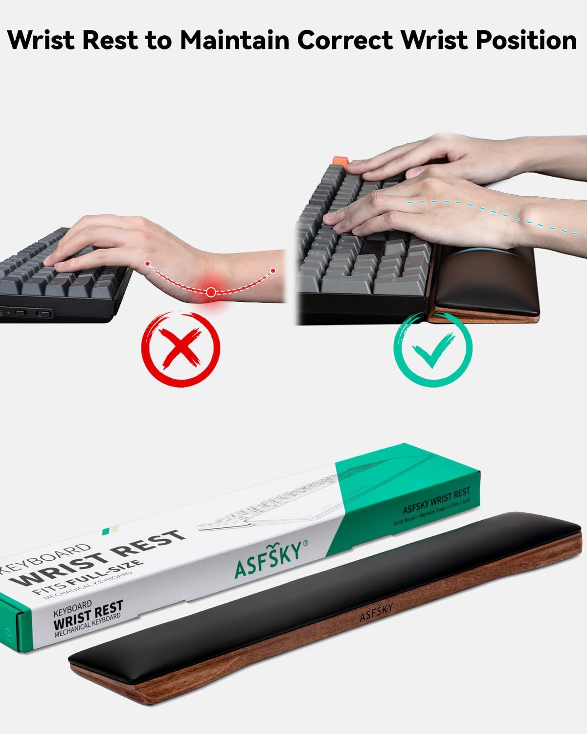 Keyboard Wrist Rest with Memory Foam Anti-Slip Rubber Base Ergonomic Wooden Wrist Rest for Mechanical Keyboard Durable and Easy to Clean for Gamer Staff (Walnut)