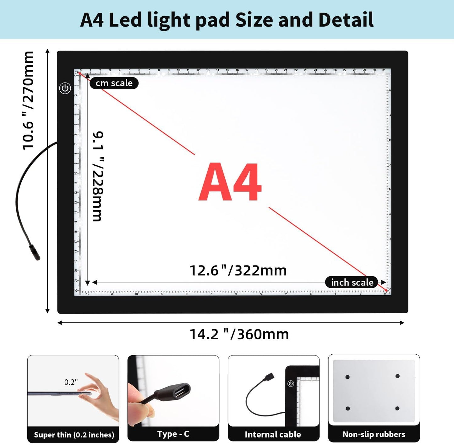 Zocelight A3 Light Pad for Diamond Painting Kit,4800Lux Super Bright 5mm Ultra Thin Diamond Art Light Board with Stand and Clip,3 Levels Dimming Light Box for Artists,Drawing,Sketching,Animation