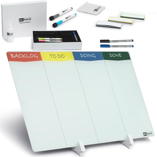Desktop Kanban Board & Whiteboard (Double-Sided) 18” x 11” Glass Dry Erase Board with Stand, 24 Reusable Task Cards, 6 Markers – Scrum Agile Project Management Desk Planner