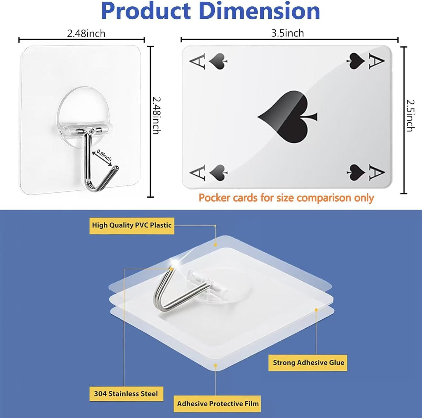 JINSHUNFA Adhesive Wall Hooks 13LB Heavy Duty No Drill Large Transparent Waterproof Hooks for Bathroom Kitchen Towel Coat 8 Pack