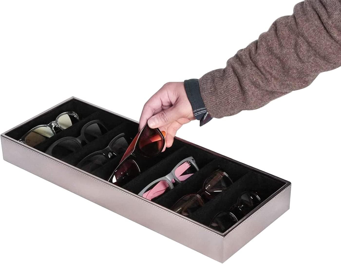 J JACKCUBE DESIGN 7 Slot Sunglasses Organizer, Leather Eyeglass Storage Tray Box for Table, Desk, or Drawer - MK378