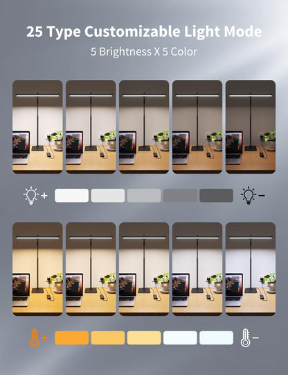 Desk Lamp with USB Charging Port for Home Office 24w Architect Remote Base Dual Task Led Light Modern 5 Color Modes Dimmable Adjustable Gooseneck Double Head Reading Drafting Eye Caring Tall Lamps