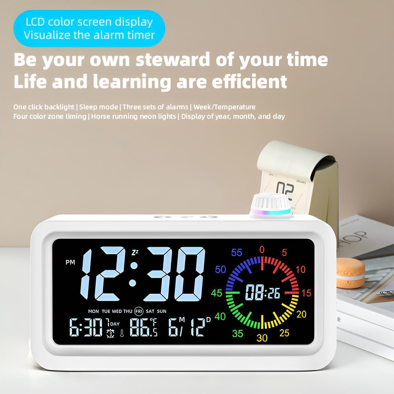 60-Minute Visual Timer for Kids, Pomodoro Timer, Rechargeable Alarm Clock, Dual Display, LCD Time Reminder - Ideal for Homeschooling, Teaching, and Time Management Gifts for Kids (White)