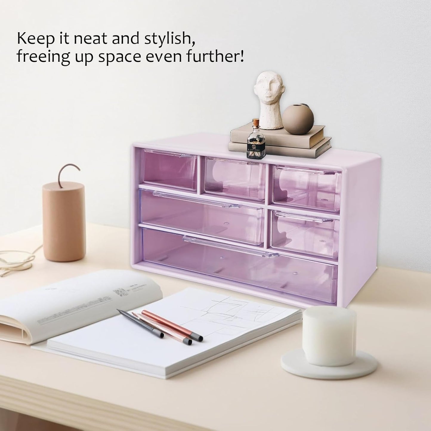 Mini Desk Drawer Organizer with 6 Clear Drawers - 7" x 3.9" x 4.7" Small Plastic Storage Box for Office, Classroom, Crafts, and Home Desktop Organization