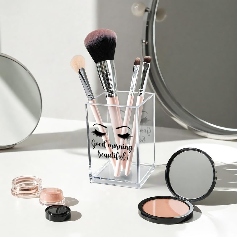 Better Late Than Ugly Acrylic Makeup Brush Organizer Holder, Self Affirmations Desk Acrylic Brushes Storage, Make Up Artist Gifts, Birthday Gifts for Her Wife Sister Friend Makeup Lovers