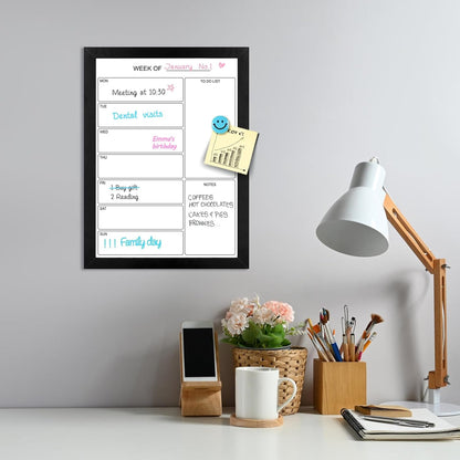 Weekly Dry Erase Whiteboard Calendar, 15.7"x11.8" Magnetic Surface Memo Board, Minimal Design Weekly Planner for Wall, Black Wood Frame Dry Erase Board for Office School Home(ZLBB-S-BK-3040)