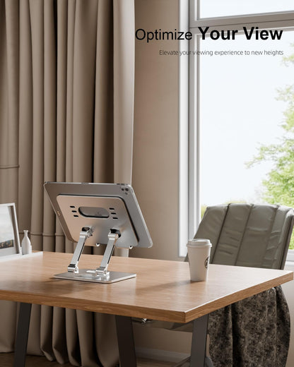 Orlian Tablet Stand Holder with Thickened 360°Rotating Base Dual Rod Adjustable Aluminum Stand for All 5.8-12.9” iPad Samsung Phone Tablet Kindle E-Reader and More, Black