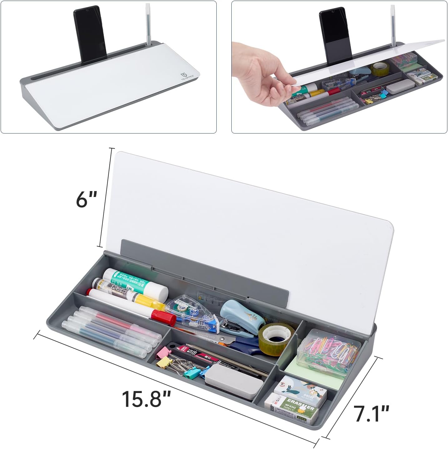 TSJ OFFICE Small Desktop Whiteboard -Glass Dry Erase Board Computer Keyboard Stand White Board Surface Pad with Drawer, Desk Organizers with Accessories for Office, Home, School Supplies - White