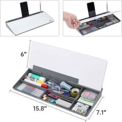 TSJ OFFICE Small Desktop Whiteboard -Glass Dry Erase Board Computer Keyboard Stand White Board Surface Pad with Drawer, Desk Organizers with Accessories for Office, Home, School Supplies - White