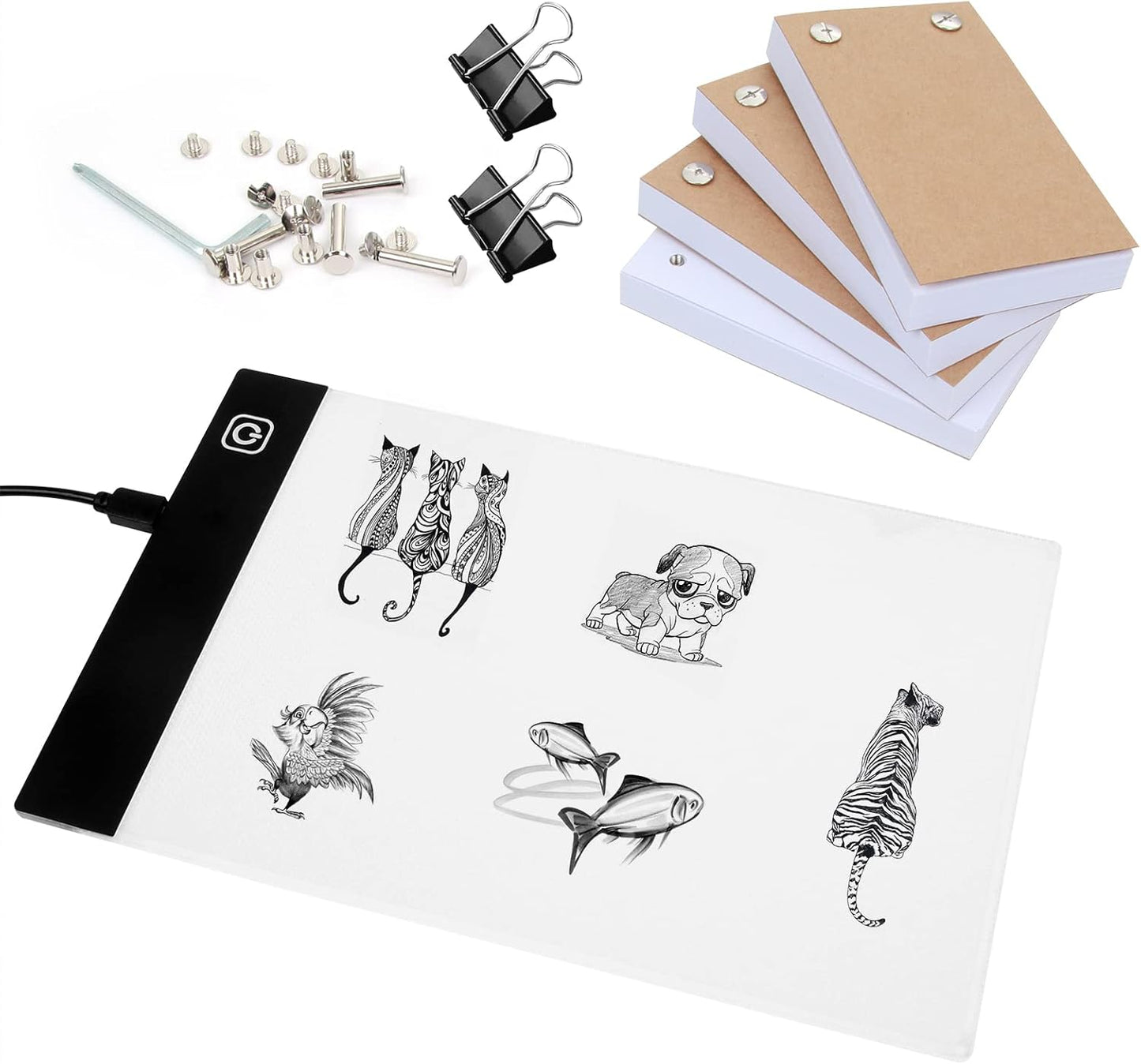 Flip Book Kit with Light Pad - A5 LED Light Board/Box & 320 Sheets Flipbook for Drawing | Tracing | Sketching, Flip Books Paper with Holes & Binding Screws