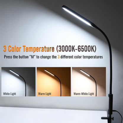 LED Desk Lamp with Clamp, Clamp Light, Tall Desk Lamp with Long Gooseneck, 11W, 850 LMS, 3 Color Modes, 10 Brightness Levels, Eye-Caring, Clip on Desk Light for Reading, Home, Office