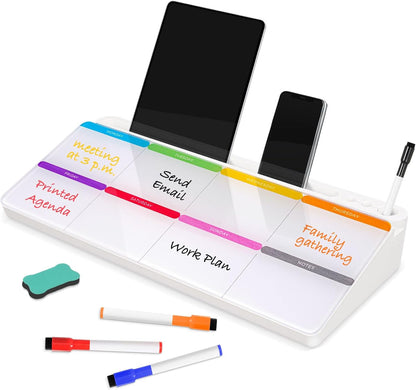 DOLLAR BOSS Glass Desk Whiteboard Calendar Small Dry Erase Board Desktop White Board with Storage Drawer Computer Keyboard Stand Desk Organizer, Colorful Weekly Calendar, Black