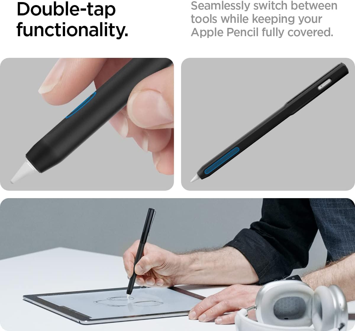 Spigen DA201 Apple Pencil Protective Case for Apple Pencil Pro and Apple Pencil 2nd Generation, Cover Sleeve with Clip and Grip, Compatible with Magnetic Charging and Double Tap - Black