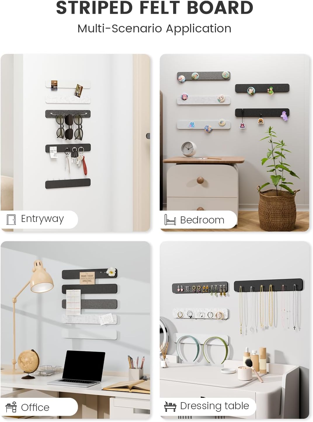 Fluxynara Cork Board Alternative Felt Strip Board 8-Pack 13"x2", Office Pin Board with 50 Push Pins, Adhesive Install for Bedroom Door & Home Office(Linen Dusk)