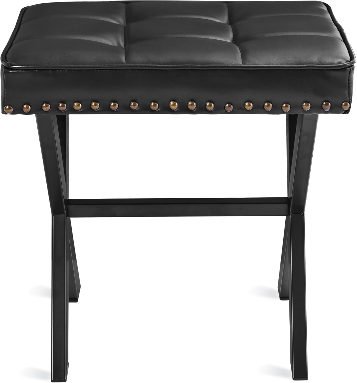 LUE BONA Square Linen Makeup Stool, Metal X Legs, Small Ottoman Stool Chair for Vanity, Modern Padded Seat Foot Rest for Makeup Room, Bathroom