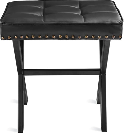 LUE BONA Square Linen Makeup Stool, Metal X Legs, Small Ottoman Stool Chair for Vanity, Modern Padded Seat Foot Rest for Makeup Room, Bathroom