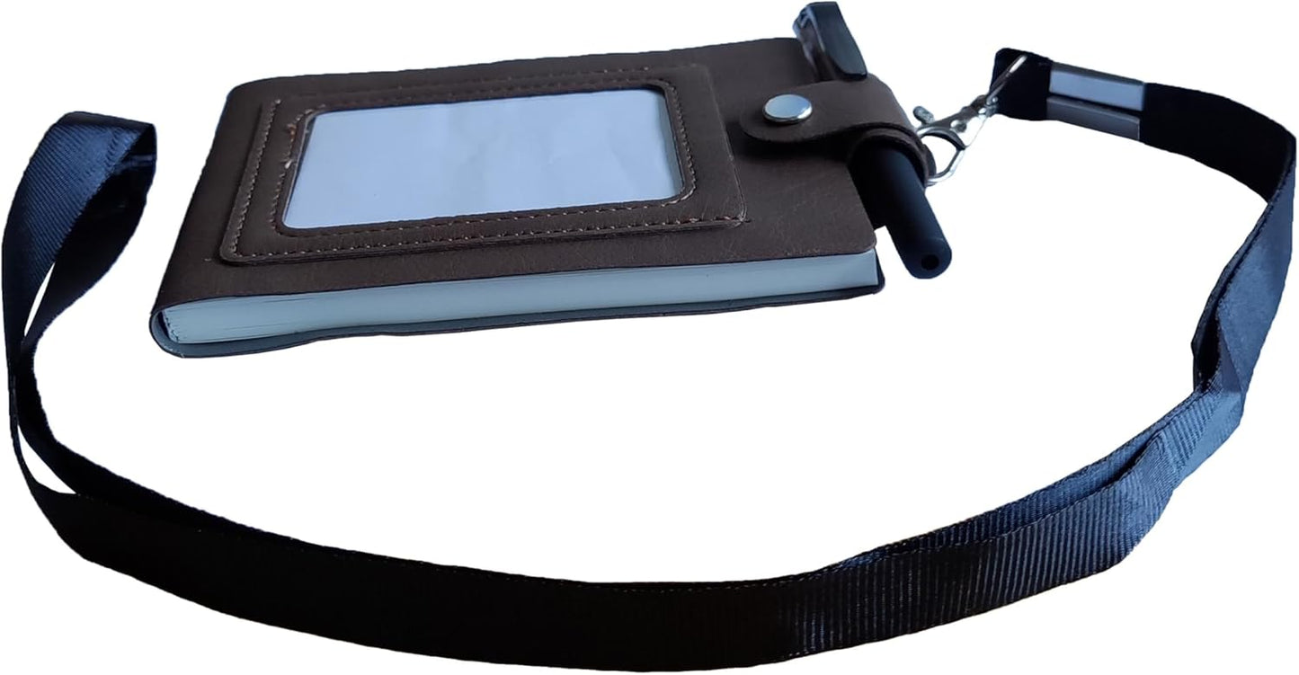PU Leather Lanyard Meeting Notebook Neck Hanging Notepad with ID Slot and Pen, 3.5X5.1inch, Black