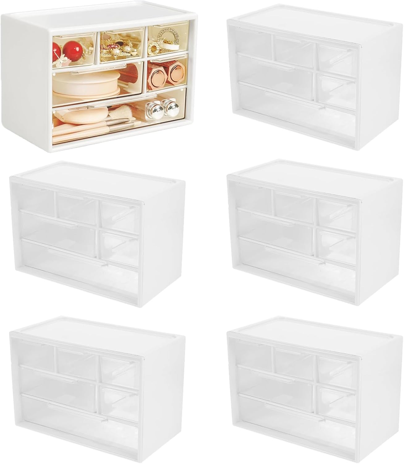 Small Drawer Organizer for Desk, 7.1" x 3. 8" x 4.6" Mini Desktop Drawer Organizer with 9 Clear Drawers, Plastic Desktop Craft Storage Box for Desk Office School Home (White)