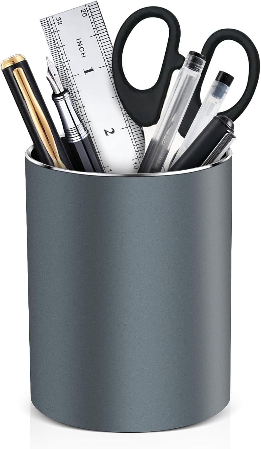 RQB Metal Pen Holder for Desk Square Aluminum Desktop Organizer and Makeup Brush Holder Storage Box for Office, School, Home, and Kids, Non-slip silicone 4×3.15inch-Gray