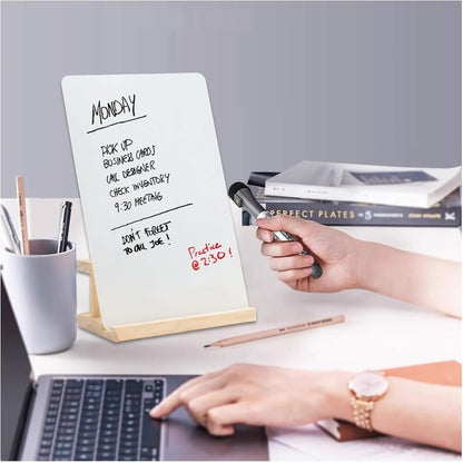 Glass White Board with Stand,Magnetic Mini Dry Erase Board for Desk,Small Desktop Whiteboard with Solid Wood Bracket