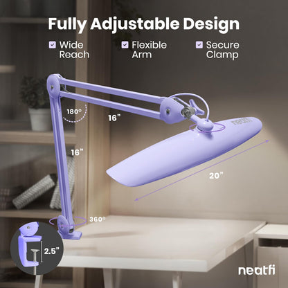 Neatfi XL 2200 Lumens 24W LED Desk Lamp – Shadow-Free Task Lighting | 4-Level Dimming | Home Office & Crafts Use | 20-Inch Wide Head (White, Non-CCT with Clamp)