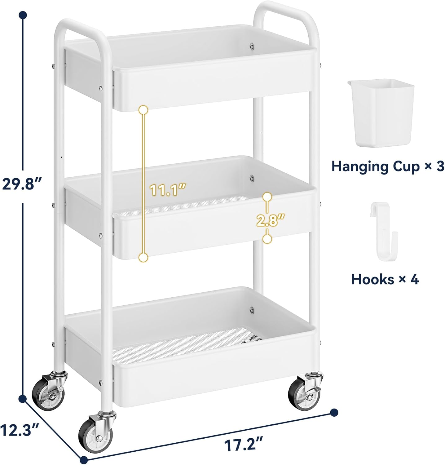 YASONIC 3 Tier Rolling Cart - Metal Utility Cart with Wheels, Hanging Cups, Hooks, Heavy Duty Mesh Rolling Storage Cart Organizer, Craft Cart for Kitchen Office, Lightweight and Sturdy