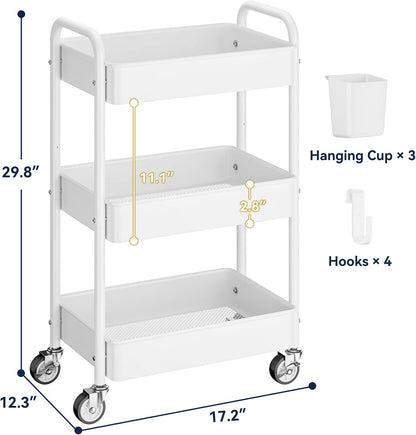 YASONIC 3 Tier Rolling Cart - Metal Utility Cart with Wheels, Hanging Cups, Hooks, Heavy Duty Mesh Rolling Storage Cart Organizer, Craft Cart for Kitchen Office, Lightweight and Sturdy