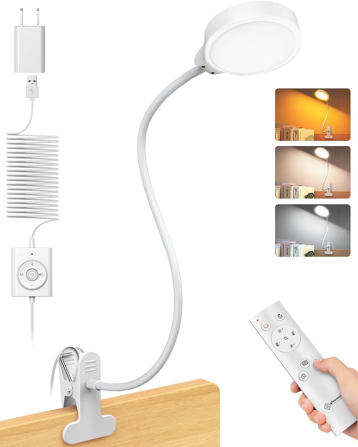 Glocusent 5W Clip on Light, 36LED Eye Caring Reading Light for Bed, 3 Colors & 5 Brightness Clip on Lamp with Adapter, Perfect Reading Light for Bed with Clamp/Bunk Bed/Headboard/Table/Desk