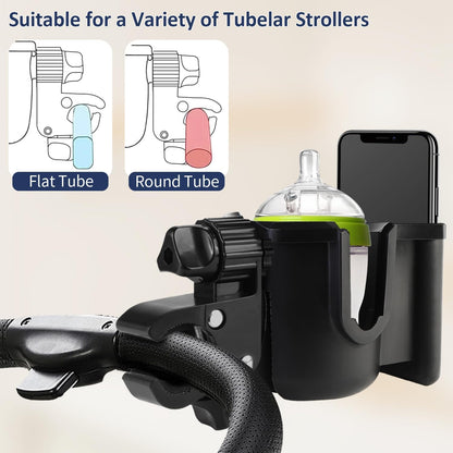 Universal Stroller Cup Holder with Phone Holder, 360°Rotatable Bottle Holder with Strong Clip, Accessories for Stroller, Bike, Wheelchair, Walker, Scooter (UM-SCH-B2409, Large)